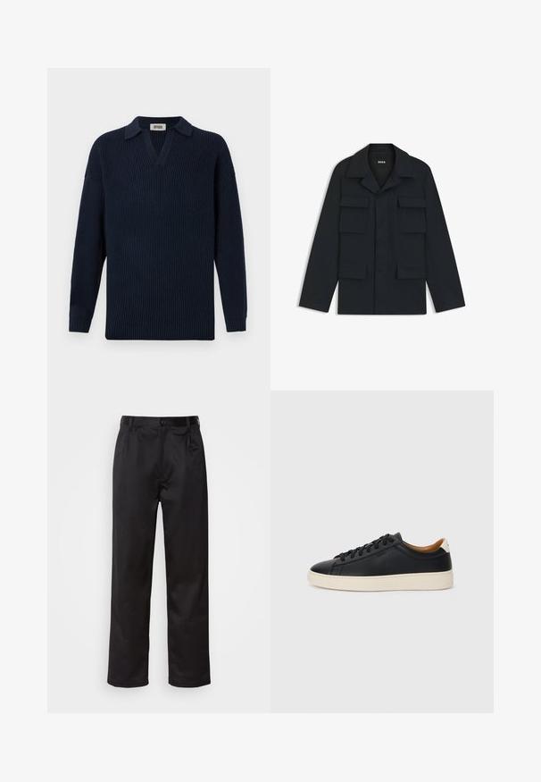 Marineblauwe utilityjack gemaakt van lichtgewicht stof, met een klassieke kraag en vier voorzakken. Rechte snit met lange mouwen.; Marineblauwe geribbelde trui met V-hals, korte kraag en lange mouwen. Gemaakt van zacht materiaal met een gestructureerde afwerking.; Zwarte broek van een gladde stof, met een sluiting met een knoop aan de voorkant, plooien en rechte pijpen. Geen zichtbare patronen of accenten.; Zwarte leren sneakers met een gladde textuur, beige rubberen zool, vetersluiting en een contrasterende hielaccent.