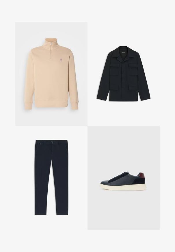 Navy blue utility jacket made of lightweight fabric, featuring a classic collar and four front pockets. Straight cut with long sleeves.; GANT SHIELD HALF ZIP - Sweatshirt - dry sand; Navy blue trousers made of lightweight fabric, featuring a straight leg design, side pockets, and a front button closure with branding detail.; Low-top men's sneaker in black leather and suede with maroon heel tab and white rubber sole, viewed from the outer side.