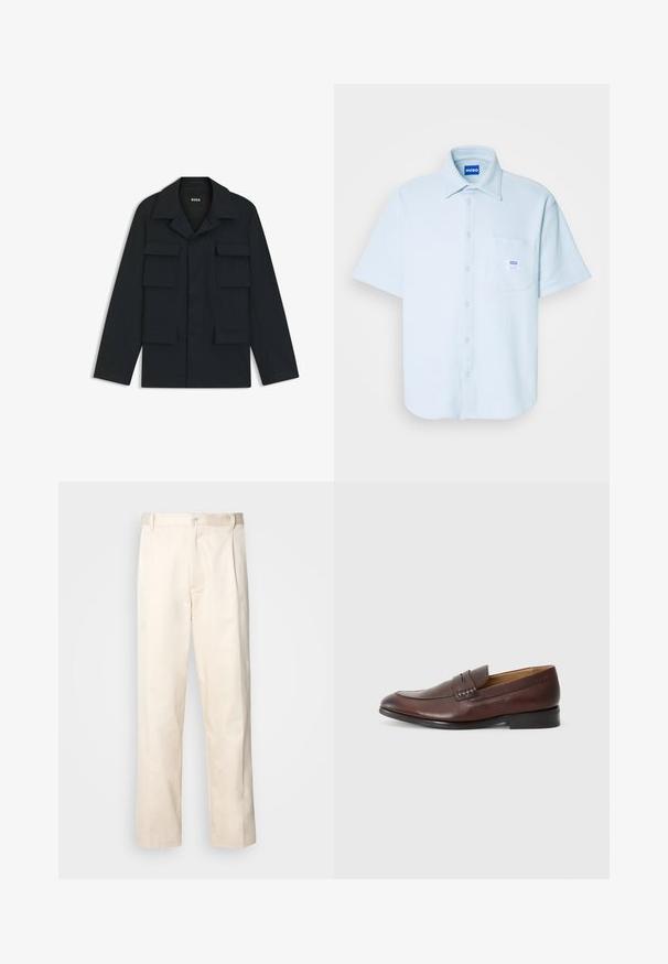 Navy blue utility jacket made of lightweight fabric, featuring a classic collar and four front pockets. Straight cut with long sleeves.; Short-sleeve light blue button-up shirt, textured fabric, collar, front pocket with label, and straight hem, suitable for casual wear.; Beige cotton trousers with a straight-leg cut, featuring a button closure and pleats at the front for added detail.; JOOP! KLEITOS - Slip-ons - brown