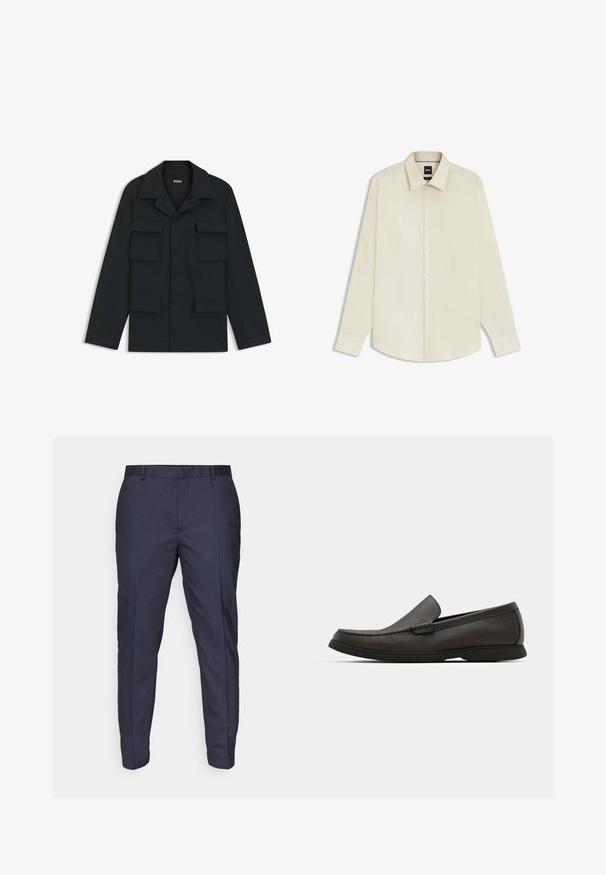 Marineblauwe utilityjack gemaakt van lichtgewicht stof, met een klassieke kraag en vier voorzakken. Rechte snit met lange mouwen.; BOSS JOE KENT - Zakelijk overhemd - open white eleven; Marineblauwe broek met een gladde textuur, slank model en plooi lijnen. Voorzien van riemlussen en een ritssluiting.; Donkerbruine leren instappers met een ronde neus, subtiele stikdetails en een lage rubberen zool. Gladde textuur met een flexibele pasvorm.