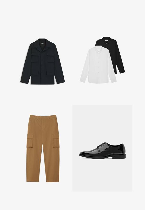 Laivaston sininen utiliittijakku, joka on valmistettu kevyestä kankaasta. Siinä on klassinen kaulus ja neljä etutaskua. Suora leikkaus ja pitkät hihat.; Valkoiset ja mustat pitkähihaiset paidat, joissa on terävät kaulukset, napit edessä ja sileä kangas. Tunnisteet näkyvillä sisäkauluksessa.; Ruske hlače s cargo stilom, s dva bočna džepa, ravnim prednjim dijelom i ravnim nogavicama. Izrađene su od izdržljive tkanine s glatkom teksturom.; Musta patentoitu mokkanahkakengät pyöreällä varpalla, nauhakuormausmalli ja sileä, kiiltävä pinta. Varustettu matalaprofiilisella kumipohjalla.