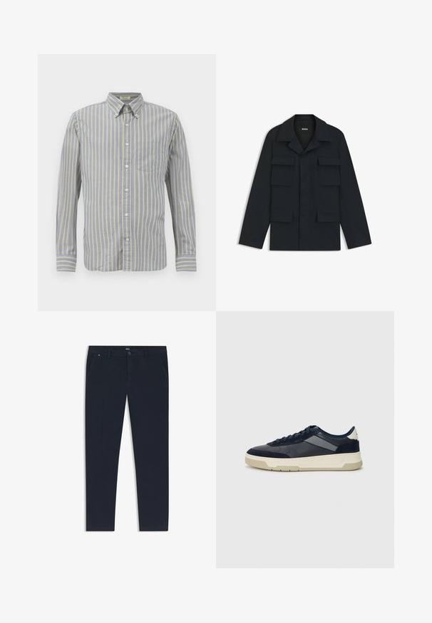 Navyblaue Utility-Jacke aus leichtem Stoff, mit klassischem Kragen und vier vorderen Taschen. Gerader Schnitt mit langen Ärmeln.; Hemd mit Knopfverschluss aus blauem Stoff mit dünnen gelben Streifen, ausgestattet mit einem Kragen, langen Ärmeln und einer Brusttasche. Abgeschlossen mit weißen Knöpfen.; Marineblaue Hose aus leichtem Stoff mit geradem Bein, seitlichen Taschen und einem Frontverschluss mit Knopf sowie einem Branding-Detail.; BOSS BALTIMORE - Sneaker low - open blue