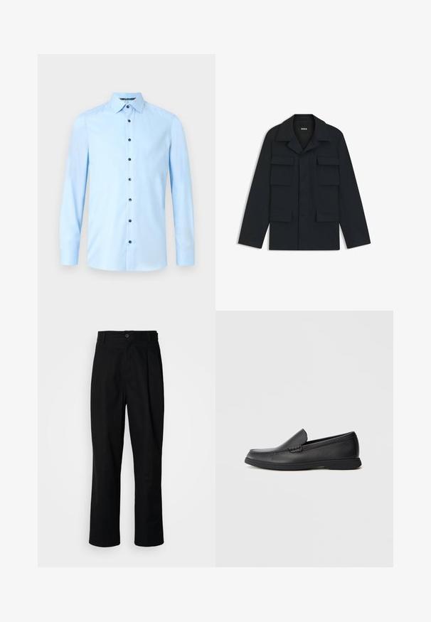 Navy blue utility jacket made of lightweight fabric, featuring a classic collar and four front pockets. Straight cut with long sleeves.; Light blue button-up shirt made of smooth fabric. Features a classic collar, long sleeves, and dark buttons on the front placket.; Black straight-leg trousers with a buttoned waistband, belt loops, and front crease, displayed against a plain white background.; Black leather slip-on loafer with textured upper, rounded toe, low heel, and rubber sole, shown in side profile on white background.
