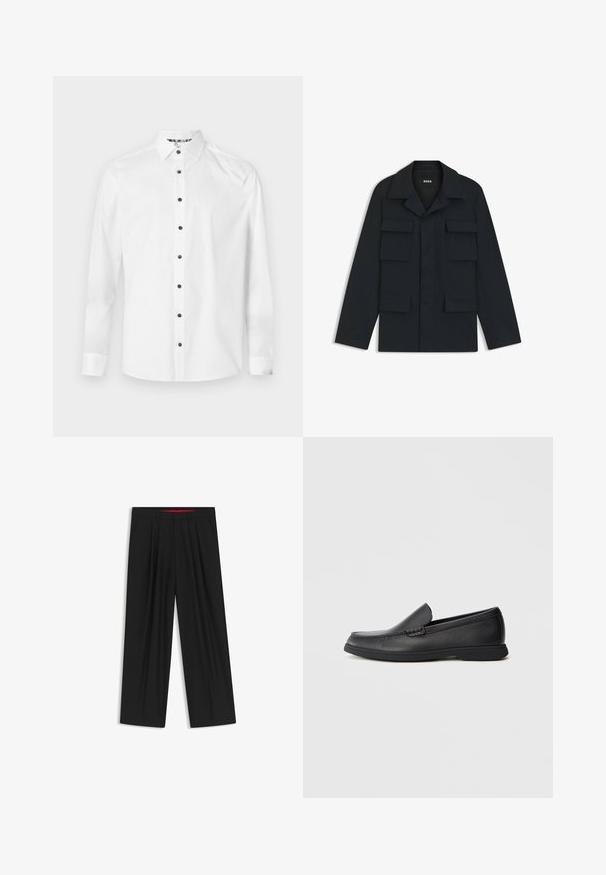 Giacca utility blu navy realizzata in tessuto leggero, con colletto classico e quattro tasche frontali. Taglio dritto con maniche lunghe.; Camicia bianca con bottini neri, realizzata in tessuto liscio, con maniche lunghe e collo classico. Texture morbida, senza fantasie.; Pantaloni neri a gamba larga con fronte piatto, due tasche laterali, design plissettato e un elastico in vita di colore rosso a contrasto.; Mocassino slip-on in pelle nera con sopra testurizzato, punta arrotondata, tacco basso e suola in gomma, mostrato in profilo laterale su sfondo bianco.