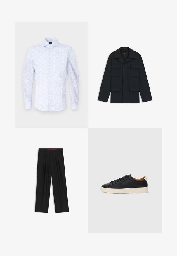 Giacca utility blu navy realizzata in tessuto leggero, con colletto classico e quattro tasche frontali. Taglio dritto con maniche lunghe.; Camicia a maniche lunghe di colore azzurro chiaro con un motivo floreale, realizzata in un tessuto morbido. Presenta un colletto a punta e chiusura con bottoni frontali.; Pantaloni neri a gamba larga con fronte piatto, due tasche laterali, design plissettato e un elastico in vita di colore rosso a contrasto.; Sneakers in pelle nera con una texture liscia, suola in gomma beige, design con lacci e un accento del tacco in contrasto.