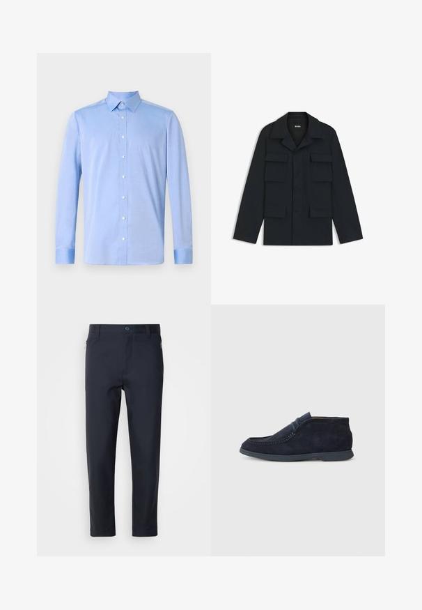Giacca utility blu navy realizzata in tessuto leggero, con colletto classico e quattro tasche frontali. Taglio dritto con maniche lunghe.; Camicia azzurro chiaro con maniche lunghe, colletto classico e bottoni bianchi. Il tessuto appare liscio con una texture sottile.; Pantaloni su misura blu navy realizzati in tessuto liscio, con tasca con zip, gamba dritta e chiusura a bottone in vita.; Stivaletto chukka in suede blu navy con punta arrotondata e dettagli cuciti. Presenta una suola in gomma liscia e un design minimalista senza marchi visibili.