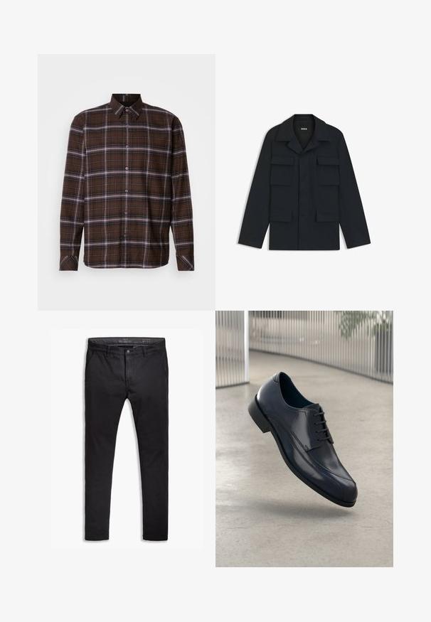 Giacca utility blu navy realizzata in tessuto leggero, con colletto classico e quattro tasche frontali. Taglio dritto con maniche lunghe.; Camicia a maniche lunghe a quadri marrone con strisce bianche e nere, colletto a punta e polsini con bottone su sfondo neutro.; Chinos neri in cotone con vestibilità affusolata, dotati di cinque tasche, passanti per cintura e una superficie liscia. Chiusura con zip e bottone.; Scarpa da cerimonia in pelle nera lucida con lacci, sospesa sopra un pavimento grigio chiaro e con barre metalliche verticali sullo sfondo.