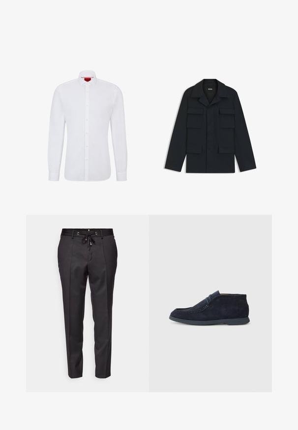 Marineblauwe utilityjack gemaakt van lichtgewicht stof, met een klassieke kraag en vier voorzakken. Rechte snit met lange mouwen.; Witte lange mouwen shirt van katoen met een knoopsluiting aan de voorkant, klassieke kraag en subtiele textuur, voorzien van een rood logo aan de binnenkant van de kraag.; Zwarte op maat gemaakte broek met een elastische tailleband, geplooide voorkant en omgeslagen randen. Gemaakt van een gladde stof met een gestructureerde pasvorm.; Marineblauwe suede chukka boot met een ronde neus en gestikte details. Voorzien van een gladde rubberen zool en een minimalistisch ontwerp zonder zichtbare branding.
