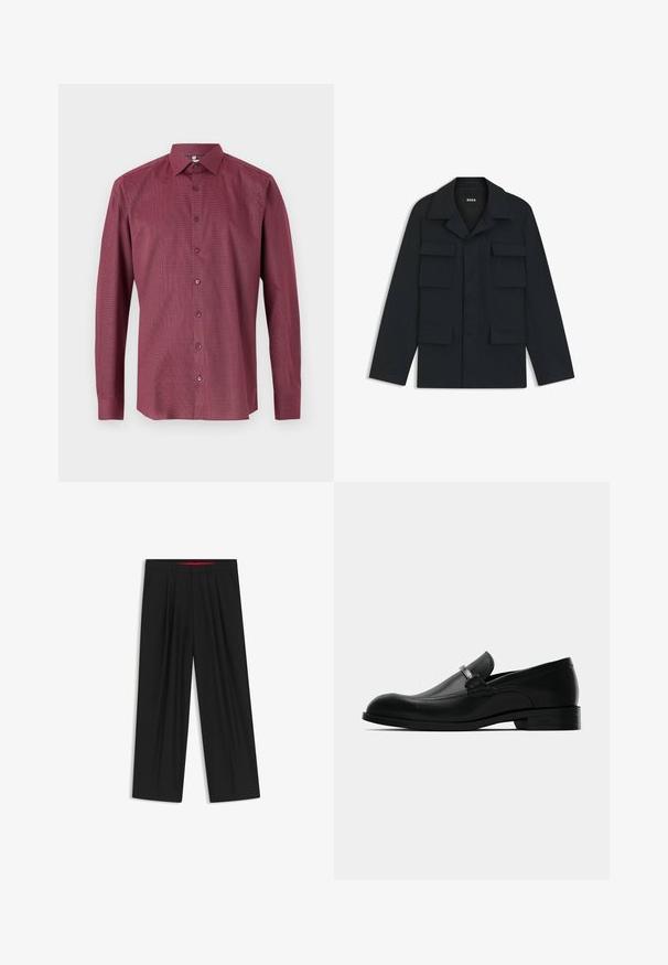 Marineblauwe utilityjack gemaakt van lichtgewicht stof, met een klassieke kraag en vier voorzakken. Rechte snit met lange mouwen.; Bordeaux lange mouwen shirt met een subtiel ruitjespatroon, button-down kraag en een knoopsluiting aan de voorkant. Gemaakt van soepele, lichte stof.; Zwarte wijde broek met een vlakke voorkant, twee zijzakken, geplooid ontwerp en een contrasterende rode binnenband.; Zwarte leren herenschoen met een metalen design en een lage hak, weergegeven vanuit de zijkant op een witte achtergrond.