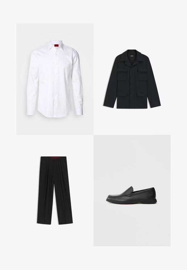 Navy blue utility jacket made of lightweight fabric, featuring a classic collar and four front pockets. Straight cut with long sleeves.; White long-sleeve shirt with herringbone texture, button-down collar, and red logo label on the inner collar. Standard fit with front buttons.; Black wide-leg trousers with a flat front, two side pockets, pleated design, and a contrasting red interior waistband.; Black leather slip-on loafer with textured upper, rounded toe, low heel, and rubber sole, shown in side profile on white background.