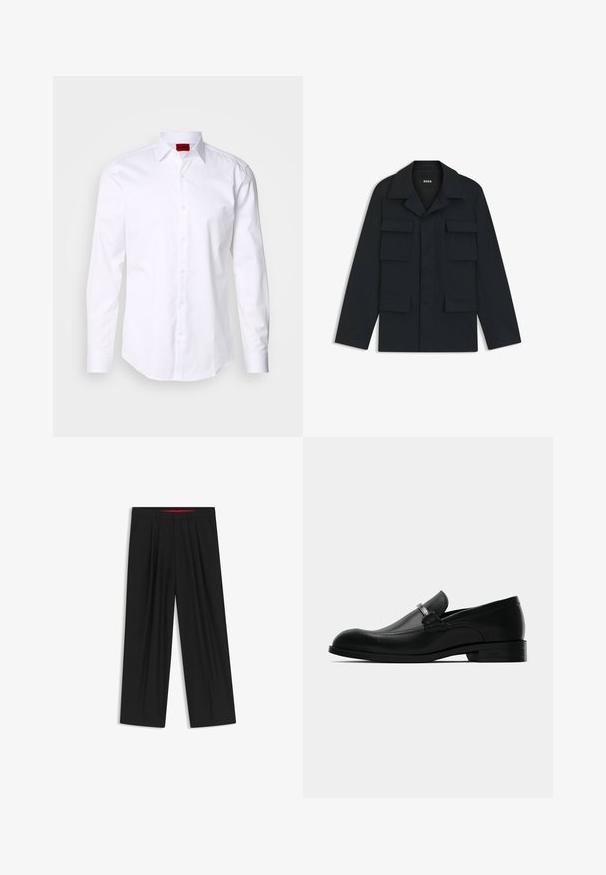 Veste utilitaire bleu marine en tissu léger, dotée d'un col classique et de quatre poches avant. Coupe droite avec des manches longues.; Chemise blanche à manches longues avec texture en chevron, col boutonné et étiquette logo rouge à l'intérieur du col. Coupe standard avec des boutons à l'avant.; Pantalons larges noirs avec une taille plate, deux poches latérales, un design plissé et une ceinture intérieure contrastante rouge.; Mocassins pour hommes en cuir noir avec un détail de boucle en métal, talon bas et semelle marquée, présentés de côté sur un fond blanc.