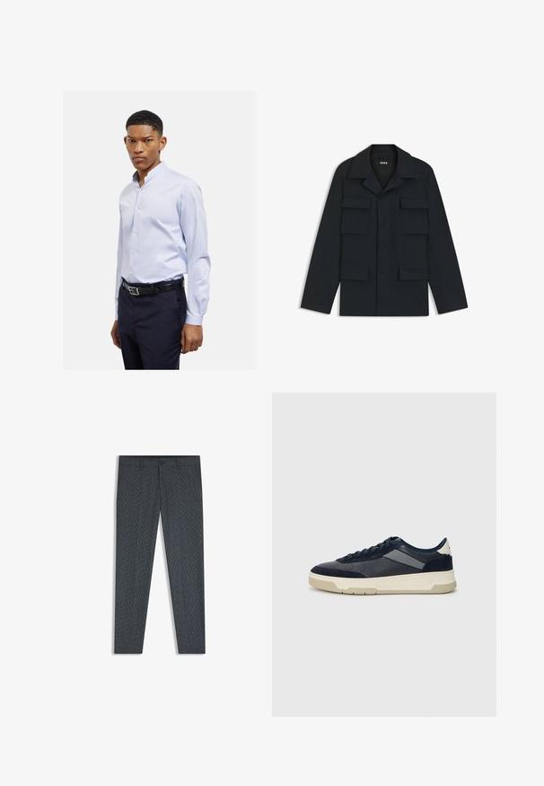 Marineblauwe utilityjack gemaakt van lichtgewicht stof, met een klassieke kraag en vier voorzakken. Rechte snit met lange mouwen.; Lichtblauwe overhemd met lange mouwen en een staande kraag, met knoopsluiting en een gladde textuur, gecombineerd met donkere broeken en een zwarte riem.; Donkergrijze broek met een gestructureerde stof en een subtiel patroon, slim-fit ontwerp, standaard tailleband en een enkele knoopsluiting.; BOSS BALTIMORE - Sneakers laag - open blue
