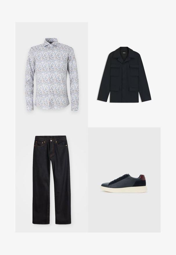 Marineblauwe utilityjack gemaakt van lichtgewicht stof, met een klassieke kraag en vier voorzakken. Rechte snit met lange mouwen.; Langarmshirt in lichtgrijs met een bloemenpatroon in blauw en bruin. Heeft een standaard kraag en knoopsluiting. Gemaakt van katoen.; Heren straight-leg zwarte denim jeans met vijf zakken en oranje stiksels, knoop- en ritssluiting op de voorkant van de tailleband.; Lage herensneaker van zwart leer en suede met een bordeauxrode hieltab en een witte rubberen zool, gezien vanuit de buitenkant.