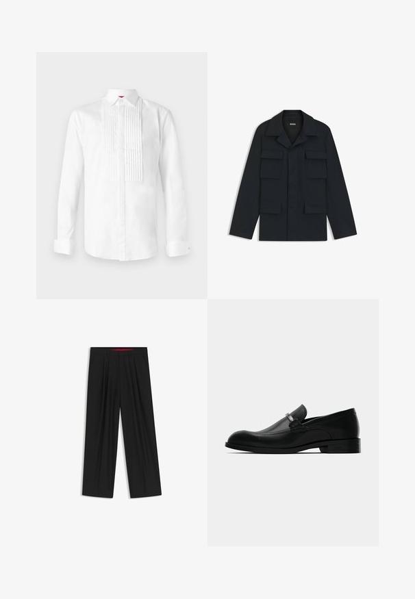 Navy blue utility jacket made of lightweight fabric, featuring a classic collar and four front pockets. Straight cut with long sleeves.; White long-sleeve shirt made of cotton with a classic collar, featuring vertical pleats on the front and buttoned cuffs.; Black wide-leg trousers with a flat front, two side pockets, pleated design, and a contrasting red interior waistband.; Black leather men's loafer with a metal buckle detail, low heel, and branded sole, shown from the side on a white background.