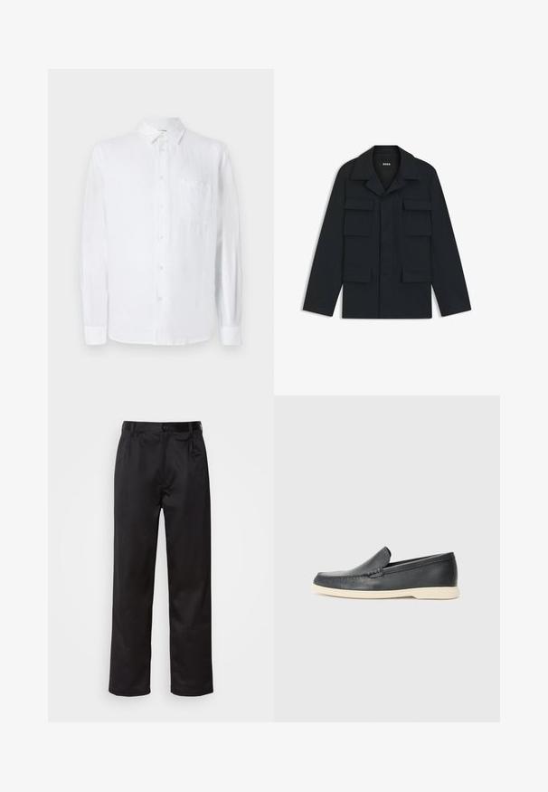 Navyblaue Utility-Jacke aus leichtem Stoff, mit klassischem Kragen und vier vorderen Taschen. Gerader Schnitt mit langen Ärmeln.; Weißes Leinenhemd mit langen Ärmeln, Knopfleiste und einer Brusttasche. Weicher Stoff und lockere Passform. Geeignet für die Freizeit.; Schwarze Hosen aus glattem Stoff, mit einem Knopfverschluss vorne, Falten und geraden Beinen. Keine sichtbaren Muster oder Akzente.; Schwarze Leder-Slipper mit strukturiertem Finish und einer kontrastierenden beige Gummisohle. Mit einem dezenten Akzent an der Vorderseite.