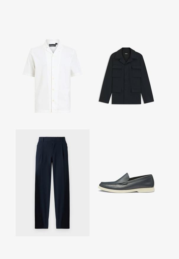 Laivaston sininen utiliittijakku, joka on valmistettu kevyestä kankaasta. Siinä on klassinen kaulus ja neljä etutaskua. Suora leikkaus ja pitkät hihat.; Valkoinen lyhythihainen paita pehmeää kangasta, jossa on pilottikaulus, kuusi nappia edessä ja rento leikkaus.; Tummansinisiä housuja, joissa on sileä pinta, leveät lahkeet, etupurjeet, vyölenkit ja vetoketjukiinnitys. Sopivat sekä virallisiin että rentoihin tilaisuuksiin.; Navy nahkahuilut, joissa on sileä pinta, helposti jalkaan laitettava muotoilu ja kontrastivalkoinen kumipohja. Omassa lisäkoristuksessa on koristeommel varpaissa.