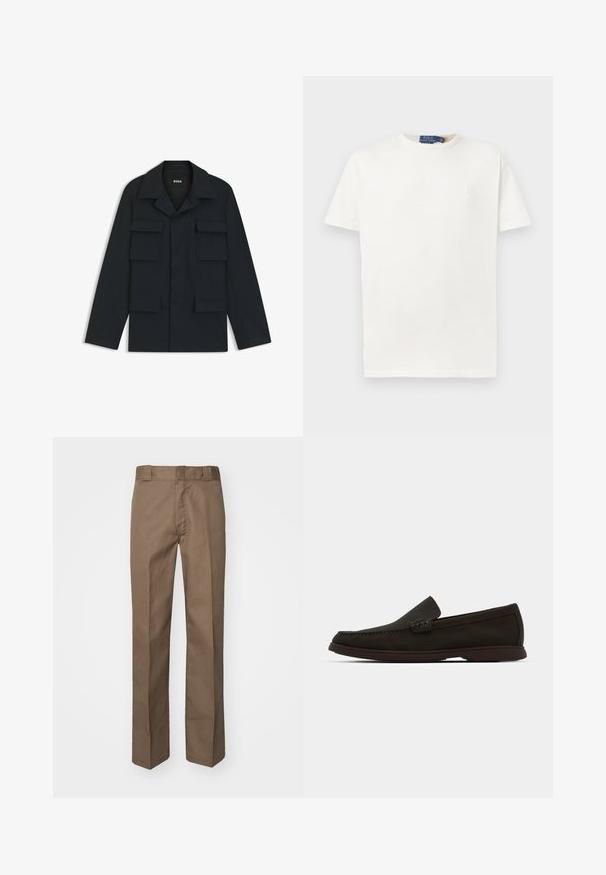 Marinblå arbetsjacka i lätt material, med klassisk krage och fyra framfickor. Rakt snitt med långa ärmar.; En enkel vit t-shirt med kort ärm och rund halsringning, med en diskret broderad logotyp på vänster bröst och en märkesetikett i kragen.; Bruna byxor med en flat framdesign, raka ben och en klassisk midja. Tillverkade av slitstarkt tyg, utan synliga mönster eller dekorationer.; Mörkbruna mocka slip-on loafers med en sömmad tå, lågprofilgummisula och strukturerade detaljer på ovandelen.