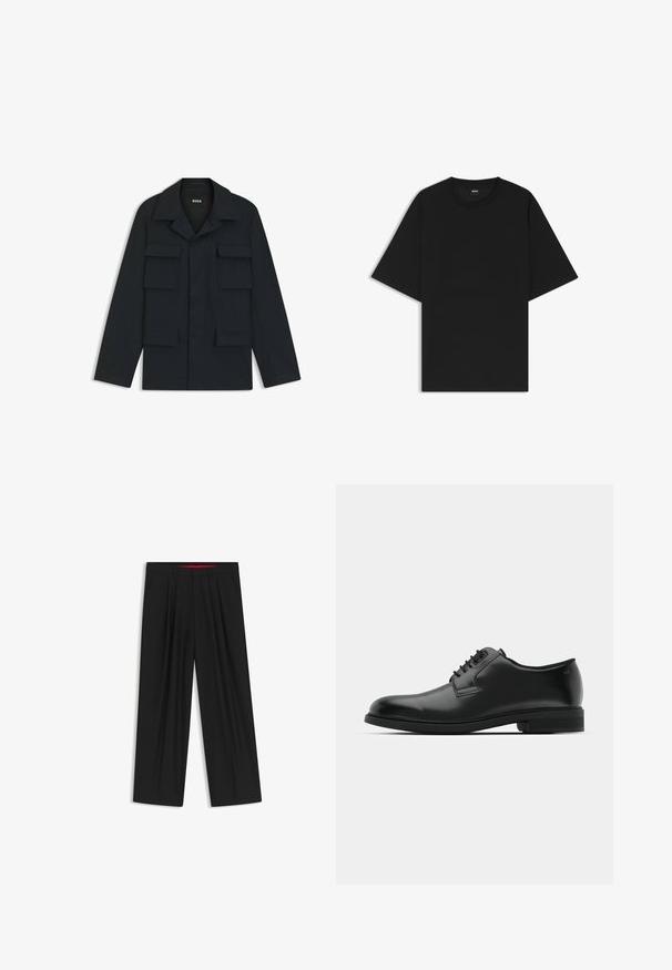 Marinblå arbetsjacka i lätt material, med klassisk krage och fyra framfickor. Rakt snitt med långa ärmar.; Svart kortärmad T-shirt med rund halsringning och avspänt snitt, samt en liten "BOSS"-etikett på insidan av kragen.; Svarta vida byxor med slät front, två sidofickor, veckad design och en kontrasterande röd midjeresår.; Svart läder snörskor med rundad tå, platt gummisula och subtila sömnadsdetaljer. Slät textur med minimalistisk design.