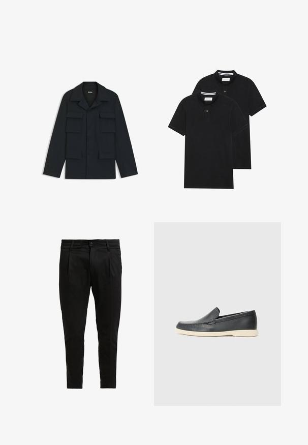 Navy blue utility jacket made of lightweight fabric, featuring a classic collar and four front pockets. Straight cut with long sleeves.; Two black polo shirts, short-sleeved, cotton material, featuring a classic collar, two-button placket, and white striped accents inside the collar.; Black trousers made of woven fabric, featuring a flat front, two pleats, a single button closure, and a tapered leg design.; Black leather slip-on loafers with a textured finish and a contrasting beige rubber sole. Features a subtle accent along the front.