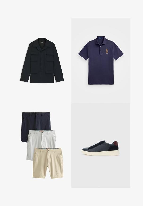 Navyblaue Utility-Jacke aus leichtem Stoff, mit klassischem Kragen und vier vorderen Taschen. Gerader Schnitt mit langen Ärmeln.; Polo Ralph Lauren CUSTOM SLIM POLO BEAR MESH POLO SHIRT - Poloshirt - faded blue bear; Drei Paar Shorts: navyblau, hellgrau und beige, alle aus glattem Stoff gefertigt, mit Fronttaschen und Knopfverschlüssen.; Schwarze Leder- und Wildledersneaker für Herren mit einem ziegelroten Fersenpatch und weißer Gummisohle, von der Außenseite betrachtet.