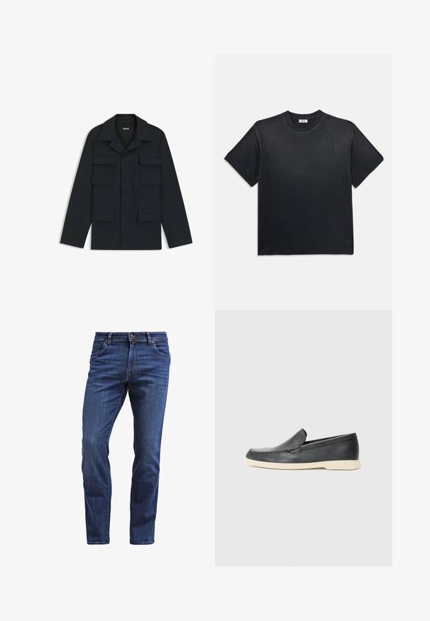 Chaqueta de trabajo azul marino hecha de tejido ligero, con un cuello clásico y cuatro bolsillos frontales. Corte recto con mangas largas.; Camiseta negra de algodón con cuello redondo y mangas cortas. Presenta un corte relajado, una textura suave y un diseño minimalista.; Jeans de mezclilla azul oscuro con un corte recto, que cuentan con cinco bolsillos, cierre de botones y un ligero efecto de desgaste en los muslos.; Mocasines de piel negra sin cordones con un acabado texturizado y una suela de goma beige en contraste. Presentan un sutil acento en la parte frontal.