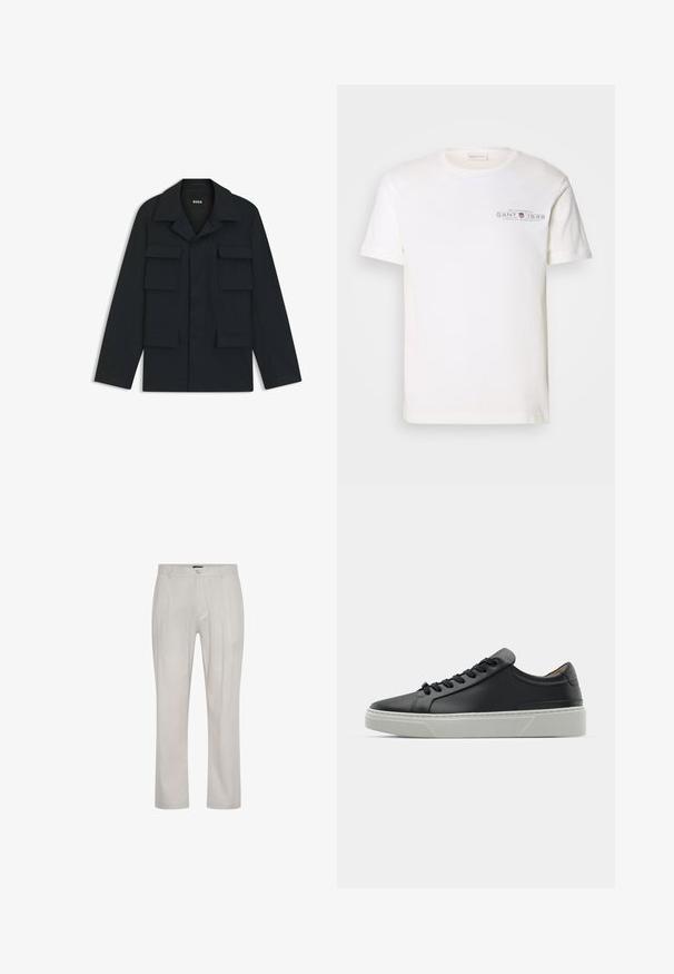 Granatowa kurtka robocza wykonana z lekkiego materiału, z klasycznym kołnierzem i czterema przednimi kieszeniami. Prosty krój z długimi rękawami.; Biała bawełniana koszulka z okrągłym dekoltem, krótkimi rękawami i nadrukowanym logo. Charakteryzuje się minimalistycznym wzornictwem i luźnym krojem.; Jasne beżowe spodnie wykonane z miękkiej i gładkiej tkaniny. Posiadają prosty krój, fałdy z przodu oraz pojedyncze zapięcie na guzik w talii.; Czarne skórzane sneakersy o gładkiej fakturze, okrągłym nosku i czarnych sznurowadłach. Posiadają grubą, białą gumową podeszwę z subtelnymi akcentami geometrycznymi.