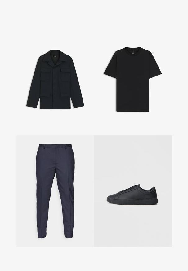 Navy blue utility jacket made of lightweight fabric, featuring a classic collar and four front pockets. Straight cut with long sleeves.; Black short-sleeve T-shirt made from a smooth cotton blend, featuring a crew neckline and a minimalistic design with no patterns or accents.; Navy trousers with a smooth texture, slim fit design, and crease lines. Features belt loops and a zip fly for closure.; Black sneakers made of smooth leather with a low-top design, round toe, and flat rubber sole. Features laces and subtle branding.