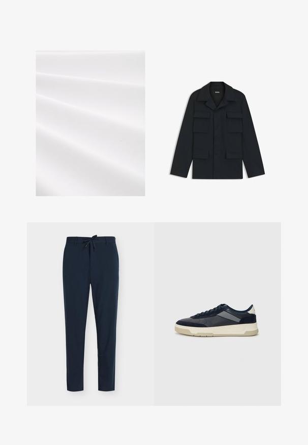 Navyblaue Utility-Jacke aus leichtem Stoff, mit klassischem Kragen und vier vorderen Taschen. Gerader Schnitt mit langen Ärmeln.; Weißer Stoff mit einer strukturierten, gerippten Oberfläche, die sanfte Falten und einen subtilen Glanz zeigt. Glatte Oberfläche ohne sichtbare Muster oder Akzente.; Navyblaue Hose aus glattem Stoff mit Kordelzugbund, ausgestattet mit vertikalem Nadelstreifenmuster und schmal zulaufendem Bein.; BOSS BALTIMORE - Sneaker low - open blue