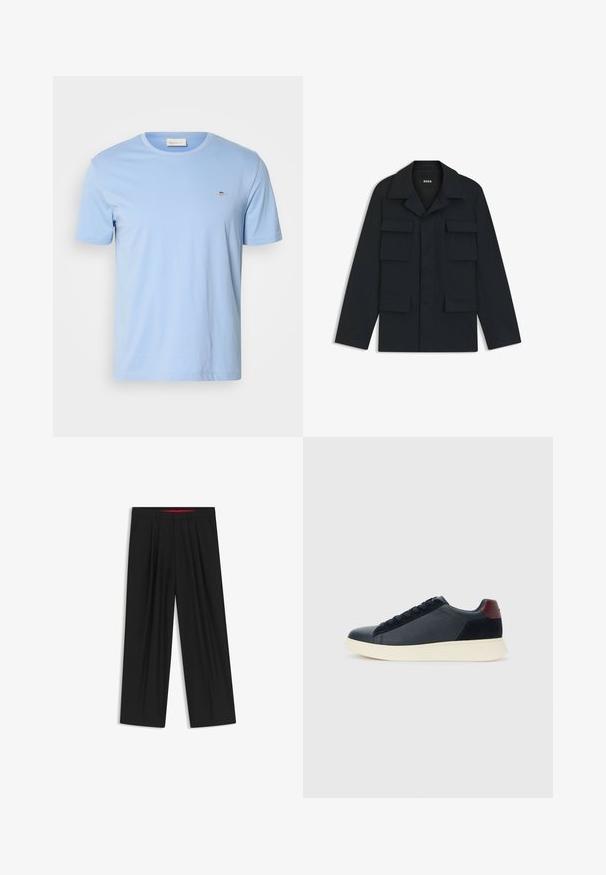 Mørkeblå utility jakke lavet af letvægtsstof, med en klassisk krave og fire forlommer. Lige pasform med lange ærmer.; Lyseblå kortærmet t-shirt lavet af bomuld. Har en rund halsudskæring og et lille broderet logo på venstre bryst. Blød tekstur.; Sorte brede bukser med flad front, to sidelommer, plisseret design og en kontrastfarvet rød inderside på linningen.; Lave herresneakers i sort læder og ruskind med maroon hælflap og hvid gummisål, set fra ydersiden.