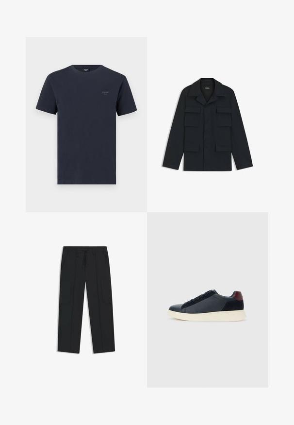 Laivaston sininen utiliittijakku, joka on valmistettu kevyestä kankaasta. Siinä on klassinen kaulus ja neljä etutaskua. Suora leikkaus ja pitkät hihat.; Laivastonsininen puuvillapaita, jossa on pyöreä pääntie, lyhyet hihat ja pieni harmaa brändilogo vasemmassa rinnassa. Siro pinta.; Mustat cargo-housut, jotka on valmistettu nailonista. Ominaisuudet sisältävät joustavan vyötärönauhan, jossa on nyöri, sivutaskut ja tasainen etupuoli.; Miestne bežecké tenisky s nízkym strihom v čiernej koži a semišovej úprave s bordovým jazykom a bielou gumovou podrážkou, pohľad z vonkajšej strany.