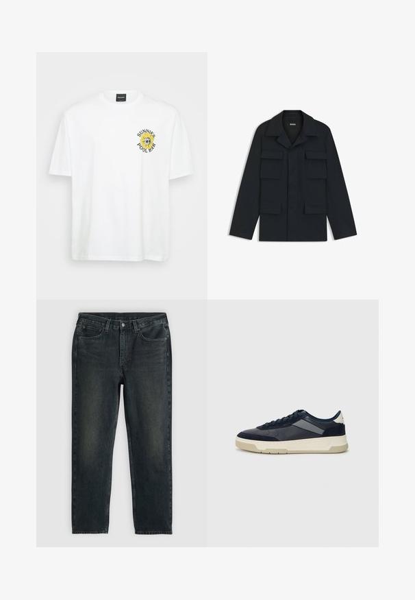 Navyblaue Utility-Jacke aus leichtem Stoff, mit klassischem Kragen und vier vorderen Taschen. Gerader Schnitt mit langen Ärmeln.; Weißes Baumwoll-T-Shirt mit rundem Halsausschnitt, kurzen Ärmeln und einem Sonnenblumen-Design sowie dem Schriftzug "SUNNIES POOL BAR" auf der linken Brust.; Dunkelblaue Jeans aus Denim mit geradem Bein, fünf Taschen, Reißverschluss und kontrastierenden Nähten. Dezente Ausbleichungen im Stoff.; BOSS BALTIMORE - Sneaker low - open blue