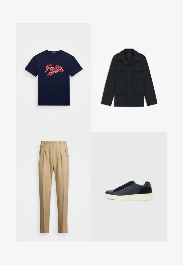Granatowa kurtka robocza wykonana z lekkiego materiału, z klasycznym kołnierzem i czterema przednimi kieszeniami. Prosty krój z długimi rękawami.; Granatowa bawełniana koszulka z krótkim rękawem, z dużym czerwonym logo "Polo" z białymi akcentami oraz małym czerwonym logo na dolnym lewym rogu.; Beżowe lniane spodnie o prostym kroju, z dwoma fałdami z przodu, z zapięciem na guzik i kieszeniami po bokach. Teksturowana tkanina o gładkim wykończeniu.; Niskie męskie sneakersy z czarnej skóry i zamszu, z bordową pętlą na pięcie i białą gumową podeszwą, widziane z zewnętrznej strony.