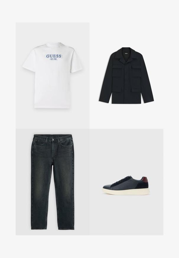 Navy blue utility jacket made of lightweight fabric, featuring a classic collar and four front pockets. Straight cut with long sleeves.; White short-sleeve t-shirt with blue layered "GUESS EST. 1981" text centered on the chest.; Dark blue denim jeans with a straight-leg cut, featuring five pockets, a zip fly, and contrasting stitching. Subtle fading on the fabric.; Low-top men's sneaker in black leather and suede with maroon heel tab and white rubber sole, viewed from the outer side.