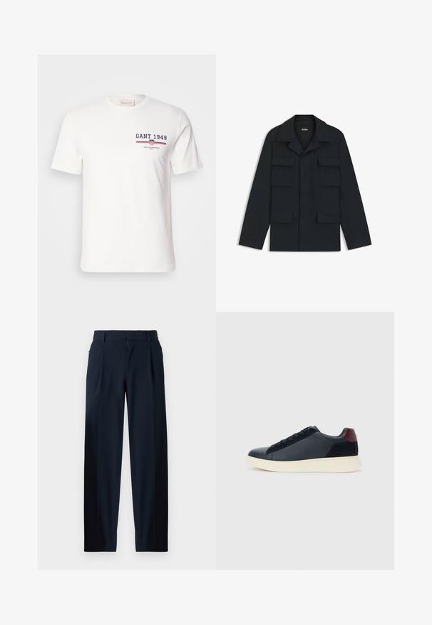 Navyblaue Utility-Jacke aus leichtem Stoff, mit klassischem Kragen und vier vorderen Taschen. Gerader Schnitt mit langen Ärmeln.; Weißes Baumwoll-T-Shirt mit kurzen Ärmeln, das das "GANT 1949"-Logo in Marineblau und Rot sowie horizontale rote und blaue Streifenakzente zeigt.; Marineblaue Hose mit glatter Textur, weiter Beinschnitt, Vorderfalten, Gürtelschlaufen und Reißverschluss. Geeignet für formelle oder lässige Anlässe.; Schwarze Leder- und Wildledersneaker für Herren mit einem ziegelroten Fersenpatch und weißer Gummisohle, von der Außenseite betrachtet.
