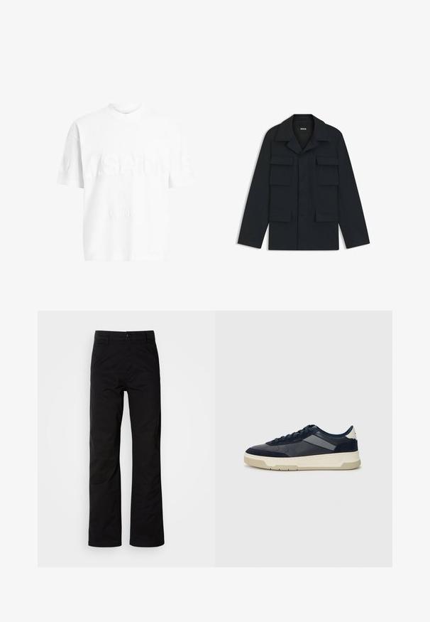 Mørkeblå utility jakke lavet af letvægtsstof, med en klassisk krave og fire forlommer. Lige pasform med lange ærmer.; Hvid bomulds t-shirt med korte ærmer og rund hals. Har tekstureret branding "A.SAINTS" og "LONDON" på forsiden i en subtil prægning.; Sort bomuldsbukser med lige ben, der har knaplukning og bæltestropper. Glat tekstur og minimalistisk stil uden synlige mønstre.; BOSS BALTIMORE - Sneakers - open blue
