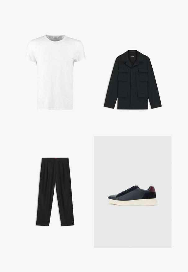 Giacca utility blu navy realizzata in tessuto leggero, con colletto classico e quattro tasche frontali. Taglio dritto con maniche lunghe.; T-shirt bianca in cotone con scollo a girocollo e maniche corte, presenta una consistenza fine e un design minimalista. Nessun motivo o dettaglio.; Pantaloni neri con un design plissè, forma a gamba larga e texture liscia. Presentano un'etichetta rossa in vita.; Sneaker da uomo a basso profilo in pelle nera e suede con linguetta sul tallone color bordeaux e suola in gomma bianca, vista dal lato esterno.