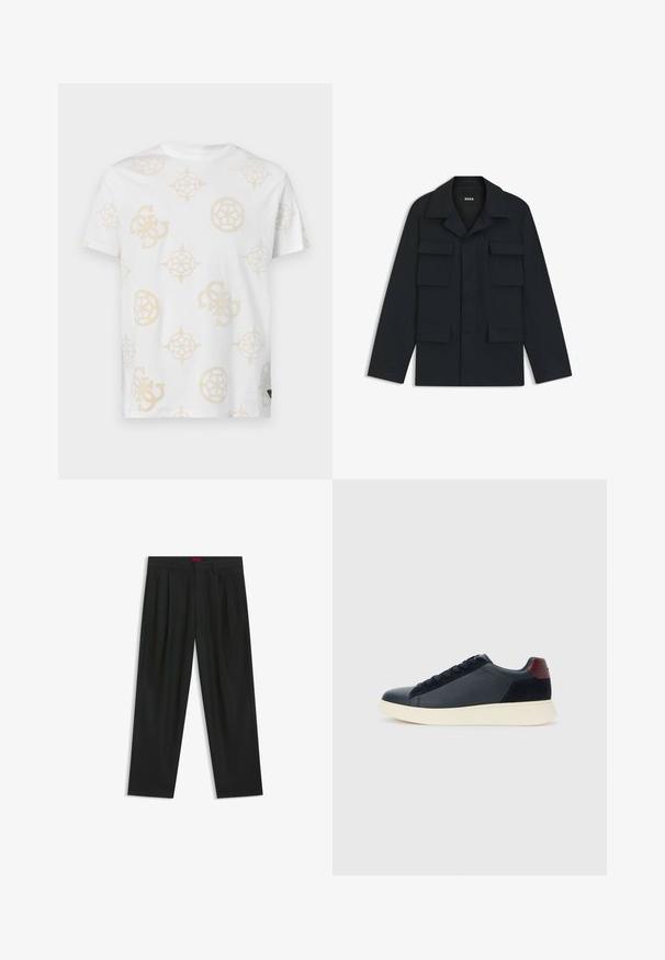 Mørkeblå utility jakke lavet af letvægtsstof, med en klassisk krave og fire forlommer. Lige pasform med lange ærmer.; Hvid bomulds-T-shirt med et let beige abstrakt mønster, der indeholder forskellige geometriske former og logoer. Rund hals og korte ærmer.; Sorte bukser med plisseret design, bred benform og en glat tekstur. Har et rødt taljetag.; Lave herresneakers i sort læder og ruskind med maroon hælflap og hvid gummisål, set fra ydersiden.