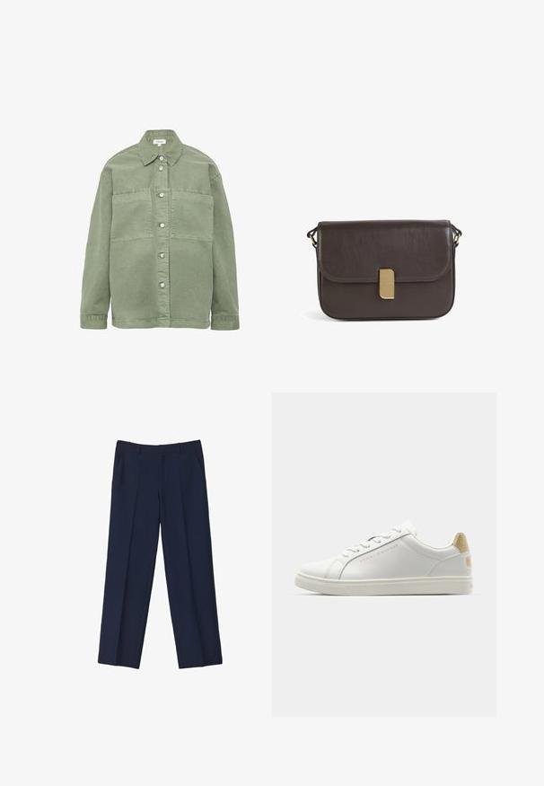 Green denim jacket with a button-up front, pointed collar, and two chest pockets. Features silver-toned hardware and long sleeves.; Black long-sleeve shirt made from smooth fabric, featuring a pointed collar, front button closure, and a cropped hem with side slits.; Navy blue tailored trousers with a straight leg, featuring front pleats and side pockets. Fabric appears smooth and structured.; White leather sneaker with a smooth texture, rounded toe, and thin laces. Features a gold logo accent and a speckled beige heel.; Dark brown leather crossbody bag with a folded flap closure and gold hardware detail. Smooth texture, minimalistic design, and rectangular shape.