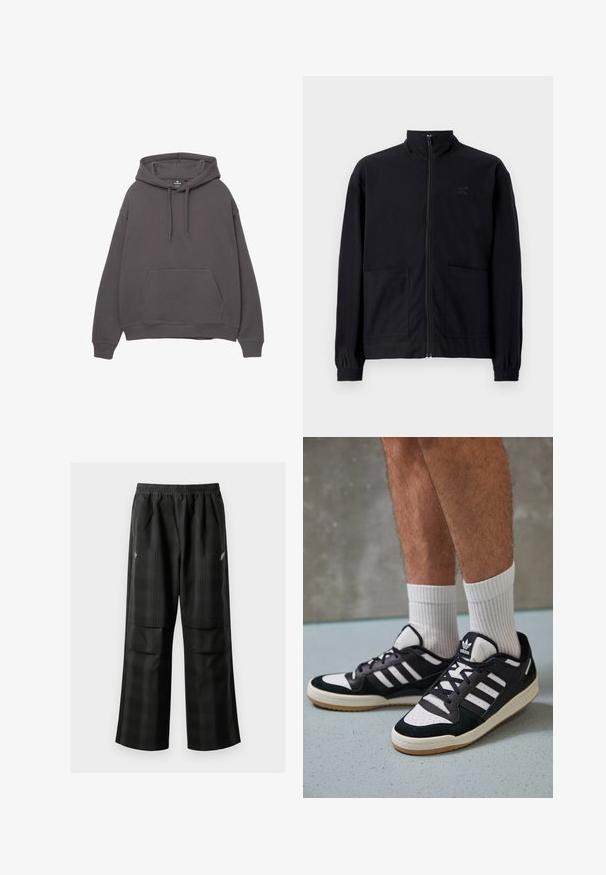 Fekete, cipzáros dzseki, textúrált anyagból, álló gallérral, két elülső zsebbel és rugalmas mandzsettával. Diszkrét logó részlet.; Szürke pamut kapucnis pulóver elöl zsebbel, állítható húzózsinórral a kapucnin, bordázott mandzsettákkal és szegéllyel. Egyszerű dizájn, puha tapintás, és laza fit.; Fekete kockás nadrág, rugalmas derékkal, két elülső zsebbel és laza, egyenes szárú fazonnal. Könnyű anyagból készült.; Fekete-fehér tornacipők velúr és bőr felsőrésszel, három fehér csíkkal, perforált orral és gumi talppal.