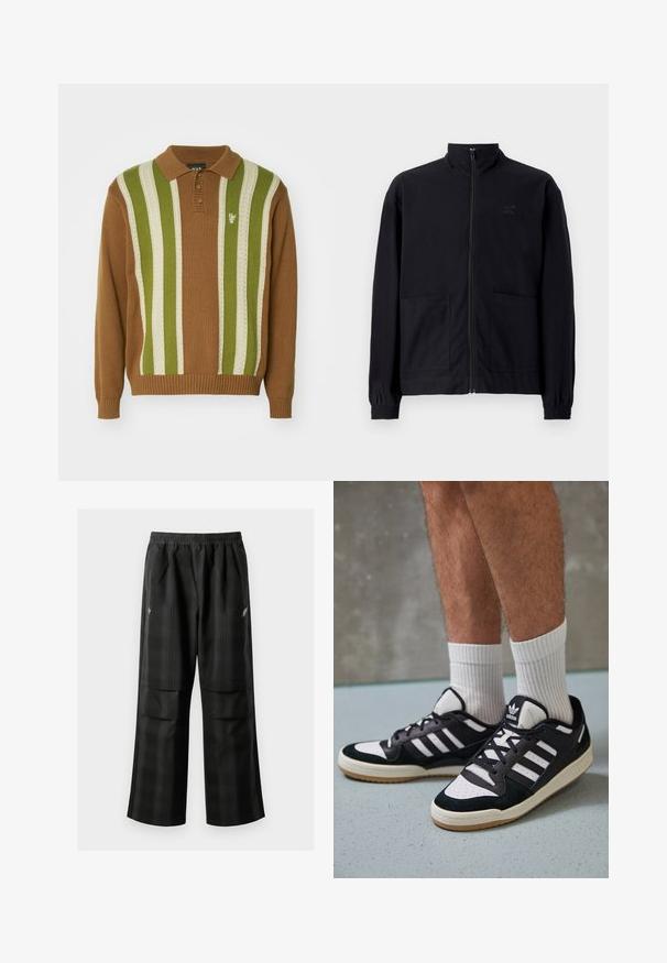 Jachetă zip-up neagră, realizată dintr-un material texturat, cu guler în picioare, două buzunare frontale și manșete elastice. Detaliu subtil cu logo.; Pulover polo tricotat maro, cu dungi verticale verzi și crem, având un guler cu trei nasturi și un mic logo pe pieptul stâng.; Pantaloni cu un model carourile negre, având talie elastică, două buzunare frontale și un croi lejer cu picioare drepte. Construiți dintr-un material ușor.; Adidași negri și albi cu un superior din suede și piele, prevăzuți cu trei dungi albe, un vârf perforat și o talpă din cauciuc caramel.