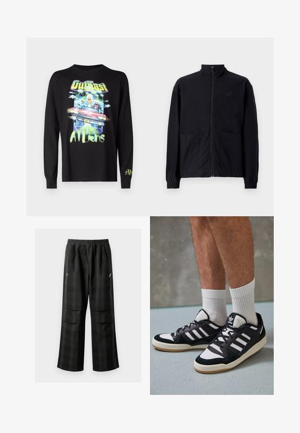Fekete, cipzáros dzseki, textúrált anyagból, álló gallérral, két elülső zsebbel és rugalmas mandzsettával. Diszkrét logó részlet.; Fekete, hosszú ujjú póló, színes grafikával, amelyen autók, űrlények és a "OutKast ATLliens" felirat vibráló árnyalatokban szerepel. Puha anyagból készült.; Fekete kockás nadrág, rugalmas derékkal, két elülső zsebbel és laza, egyenes szárú fazonnal. Könnyű anyagból készült.; Fekete-fehér tornacipők velúr és bőr felsőrésszel, három fehér csíkkal, perforált orral és gumi talppal.