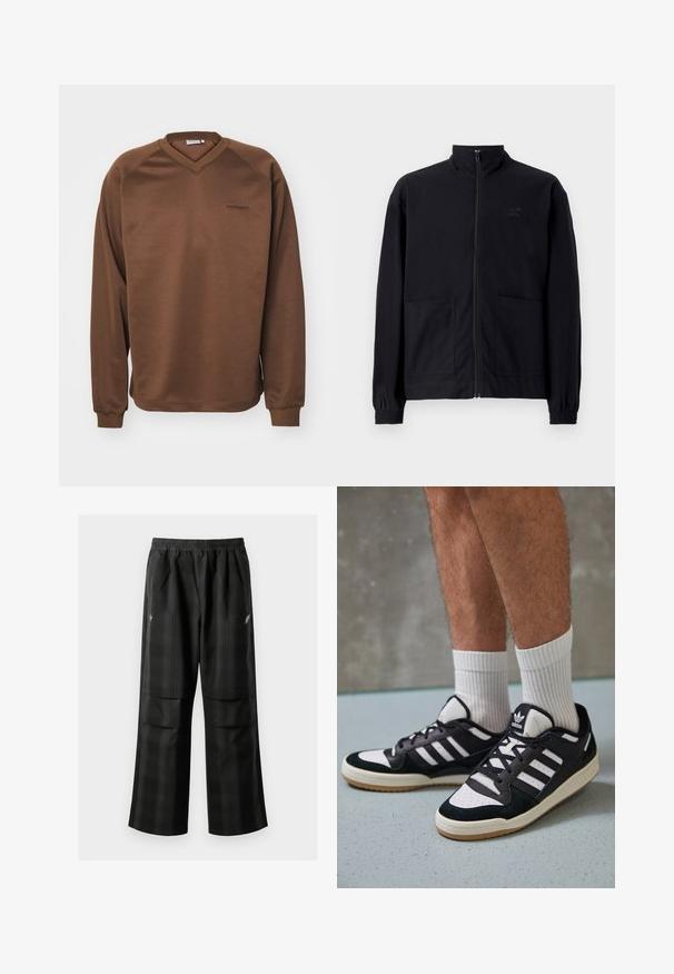 Černá zipová bunda vyrobená z texturované tkaniny, s vysokým límcem, dvěma předními kapsami a elastickými manžetami. Jemný detail loga.; Hnědá mikina s véčkovým výstřihem, dlouhými raglánovými rukávy a žebrovanými manžetami. Obsahuje jemně vyšitý logo na hrudi. Hladká textura.; Černé kostkované kalhoty s elastickým pasem, dvěma předními kapsami a volným střihem se rovnými nohavicemi. Vyrobeny z lehkého materiálu.; Černobílé tenisky s vrchní částí z semišové a kožené kůže, včetně tří bílých pruhů, perforovaného špičky a podrážky z gumy.