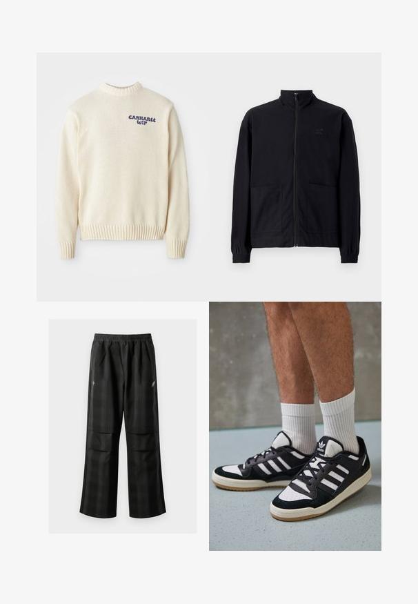 Zwarte zip-up jack van textuurstof met een staande kraag, twee voorzakken en elastische manchetten. Subtiel logo-detail.; Crème gebreide trui met een ronde hals, geribbelde mouwen en zoom, met een blauwe "Carhartt WIP" logo op de voorkant. Gemêleerd materiaal.; Zwarte geruite broek met een elastische tailleband, twee voorzakken en een losse pasvorm met een rechte pijpdesign. Gemaakt van lichtgewicht materiaal.; Zwart-witte sneakers met een bovenwerk van suede en leer, voorzien van drie witte strepen, een geperforeerde neus en een rubberen gumzool.