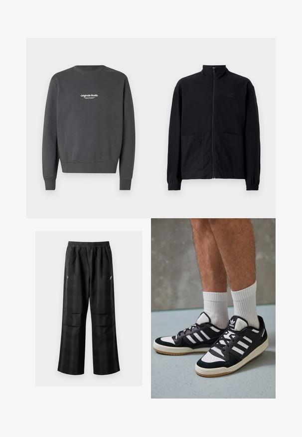 Melna zip-up jaka, izgatavota no struktūrētas auduma, ar stāvošu apkakli, divām priekšējām kabatām un elastīgām aprocēm. Diskreta logotipa detaļa.; Tumši pelēks sporta krekls ar garām piedurknēm, apaļu kakla izgriezumu un ribotiem aprocēm. Uz krūtīm ir neliels balts logo teksts.; Melnas kvadrātveida bikses ar elastīgu jostu, divām priekšējām kabatām un brīvu piegriezumu ar taisnām kājām. Izgatavotas no viegla materiāla.; Melnas un baltas kedas ar zamša un ādas augšdaļu, kas aprīkotas ar trim baltām svītrām, perforētu purngali un gumijas zolēm.