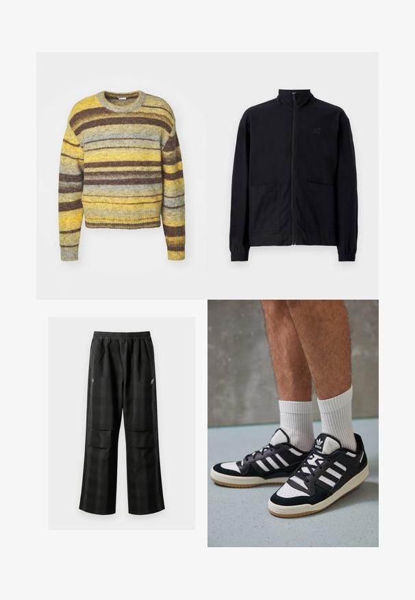 Črna jakna na zadrgo iz teksturirane tkanine z dvignjenim ovratnikom, dvema sprednjima žepoma in elastificiranimi manšeti. Diskretna podrobnost logotipa.; Prajčasta pulover s okroglo ovratnikom, v odtenkih rumene, sive in rjave barve. Narejen iz strukturirane pletene tkanine, z dolgimi rokavi.; Črne karirane hlače z elastičnim pasom, dvema sprednjima žepoma in ohlapnim krojem s pravimi nogavicami. Narejene so iz lahke tkanine.; Črno-bele superge z zgornjim delom iz usnja in nubuka, ki imajo tri bele črte, perforiran vrh prstov in podplat iz gume.