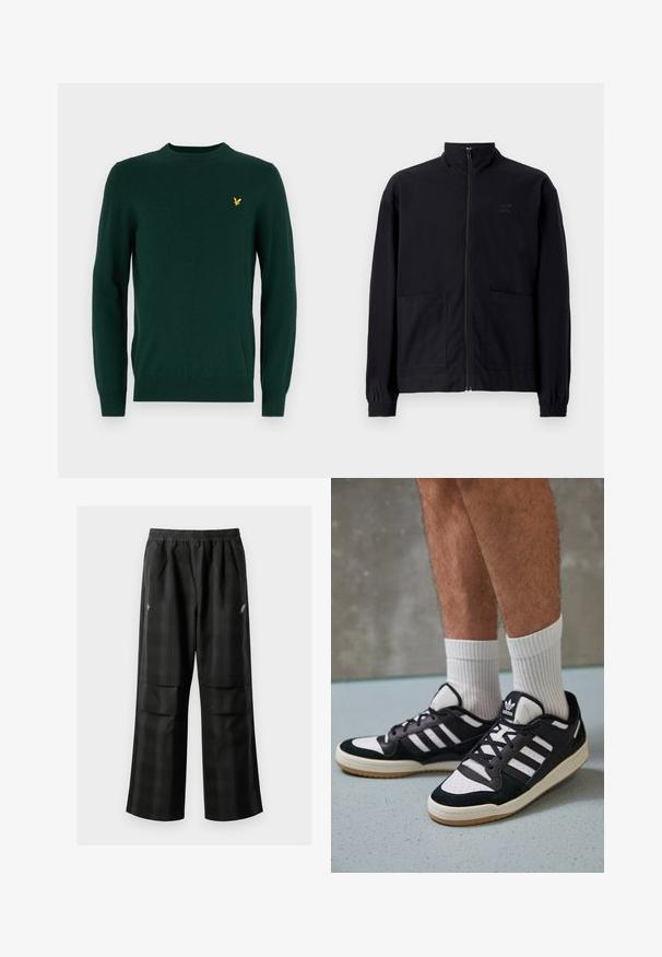 Melna zip-up jaka, izgatavota no struktūrētas auduma, ar stāvošu apkakli, divām priekšējām kabatām un elastīgām aprocēm. Diskreta logotipa detaļa.; Zaļš džemperis, kas izgatavots no mīksta materiāla, ar apaļu kakla izgriezumu un garām piedurknēm. Pamanāms neliels zelta ērglis logotips uz krūšu daļas.; Melnas kvadrātveida bikses ar elastīgu jostu, divām priekšējām kabatām un brīvu piegriezumu ar taisnām kājām. Izgatavotas no viegla materiāla.; Melnas un baltas kedas ar zamša un ādas augšdaļu, kas aprīkotas ar trim baltām svītrām, perforētu purngali un gumijas zolēm.