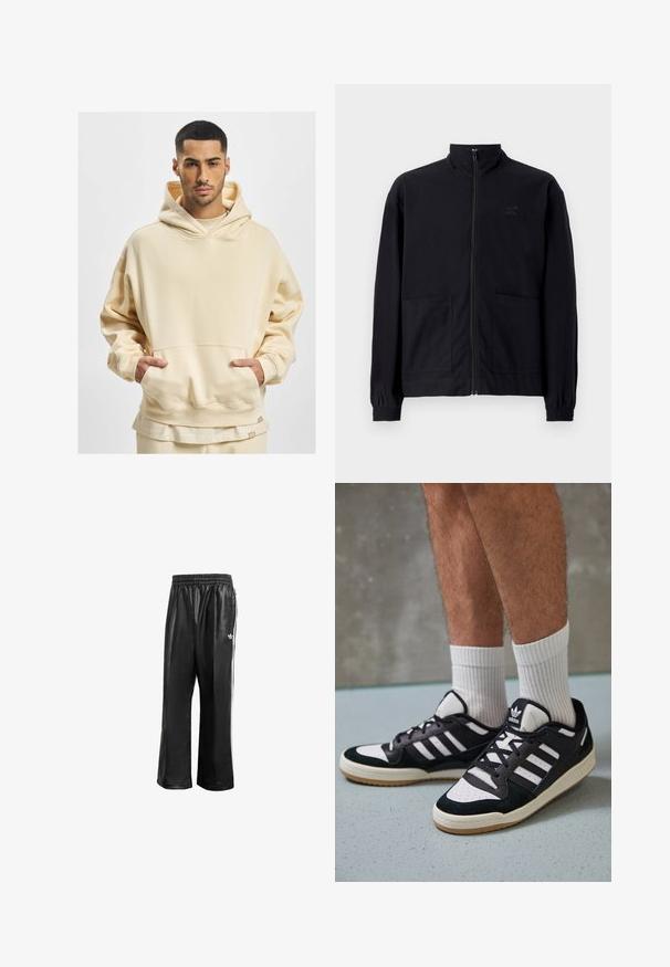 Jachetă zip-up neagră, realizată dintr-un material texturat, cu guler în picioare, două buzunare frontale și manșete elastice. Detaliu subtil cu logo.; Hanorac oversized bej, fabricat dintr-un material moale, având o mare buză frontală și o glugă cu șnur. Marginea de jos include o etichetă a brandului.; Pantaloni de trening sintetici negri cu talie elastică, având dungi albe pe laturi și un mic logo alb pe şoldul stâng.; Adidași negri și albi cu un superior din suede și piele, prevăzuți cu trei dungi albe, un vârf perforat și o talpă din cauciuc caramel.
