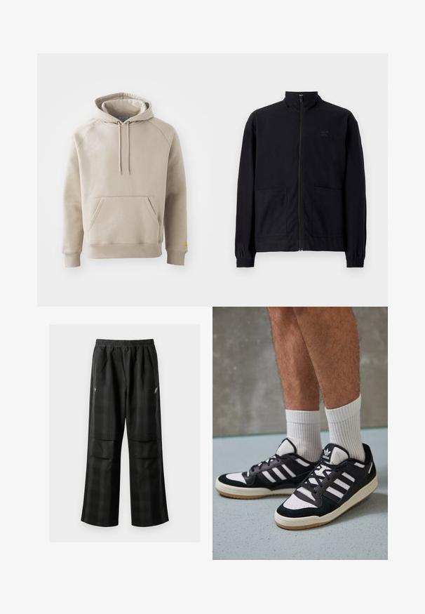 Fekete, cipzáros dzseki, textúrált anyagból, álló gallérral, két elülső zsebbel és rugalmas mandzsettával. Diszkrét logó részlet.; Khaki színű kapucnis pulóver nagy elülső zsebbel, bordázott mandzsettákkal és aljjal. Állítható húzózsinórral és laza fazonnal rendelkezik. Puha anyagból készült.; Fekete kockás nadrág, rugalmas derékkal, két elülső zsebbel és laza, egyenes szárú fazonnal. Könnyű anyagból készült.; Fekete-fehér tornacipők velúr és bőr felsőrésszel, három fehér csíkkal, perforált orral és gumi talppal.