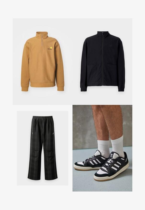 Fekete, cipzáros dzseki, textúrált anyagból, álló gallérral, két elülső zsebbel és rugalmas mandzsettával. Diszkrét logó részlet.; Barna bolyhos anyagú pulóver; félig cipzáros nyakkal, bordás mandzsettákkal és kontrasztos logóval a mellrészen.; Fekete kockás nadrág, rugalmas derékkal, két elülső zsebbel és laza, egyenes szárú fazonnal. Könnyű anyagból készült.; Fekete-fehér tornacipők velúr és bőr felsőrésszel, három fehér csíkkal, perforált orral és gumi talppal.