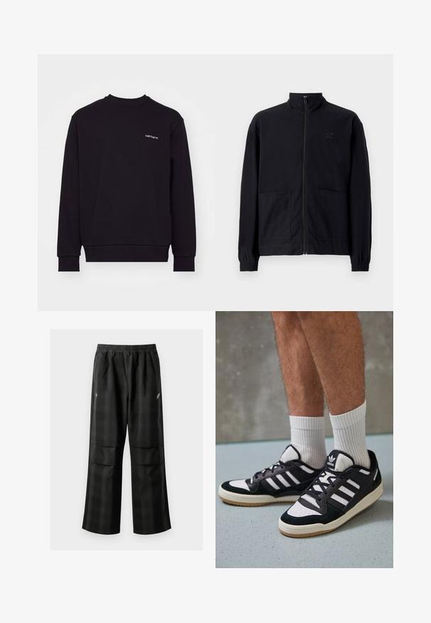 Mustast zip-up jakkidest, mis on valmistatud tekstureeritud kangast, on püstkaelus, kaks esist taskut ja elastsed mansetid. Diskreetne logo detail.; Musta dressipluus pehmest materjalist, ümmarguse kaelusega, pikkade käistega ja soonikute ääristega. Peal on väike valge logo rinnal.; Mustas ruudulised püksid, millel on elastne vöökoht, kaks esimest taskut ja laiem lõige sirge jala disainiga. Valmistatud kergest materjalist.; Mustvalged ja valged spordijalatsid, mille pealmine osa on valmistatud suede'ist ja nahast. Kingadel on kolm valget riba, auguline varvas ja kummist tald.